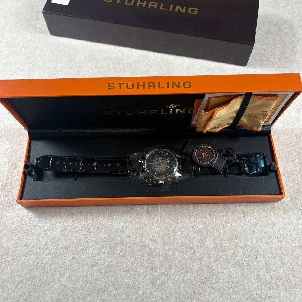 Stuhrling Original Skeleton Automatic Mens Watch Leather Strap Box & Papers